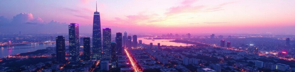 Futuristic cityscape at dusk with skyscrapers and neon lights reflecting off a white background,  architecture,  building,  modern