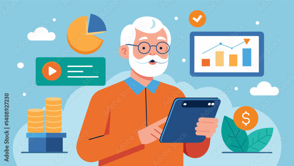 Poster a retiree uses a financial app to compare different retirement accounts based on realtime data and h