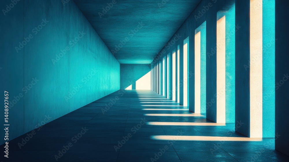 Aufkleber a desolate long corridor with a single, dim color of light casting shadows on the empty floor and wa