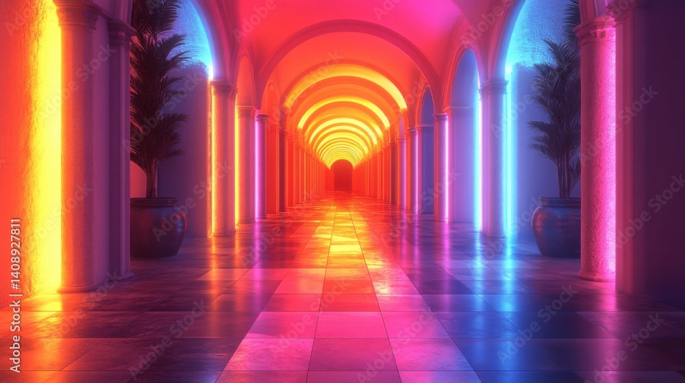 Aufkleber a distant, empty corridor, illuminated with a single color, extending into the void