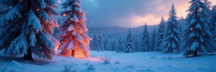 Obraz premium Frosty forest landscape with snow-covered trees and twinkling lights, winter, forest, snow