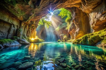 Sunlit Cave with Turquoise Water