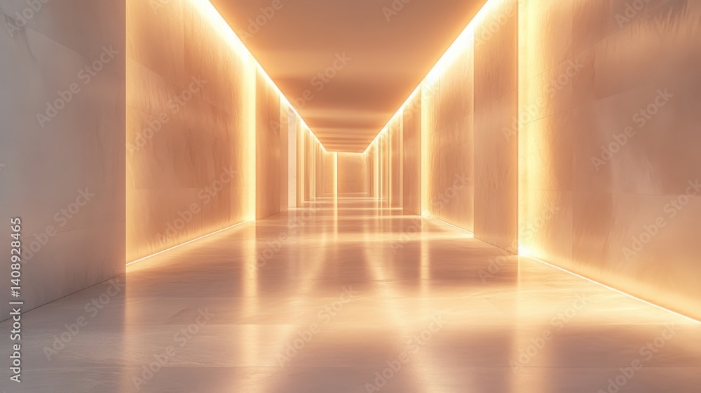 Poster a long, empty corridor with smooth walls and floors, bathed in a single color of light