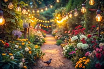 Fototapeta premium Garden Pathway with String Lights and Flowers