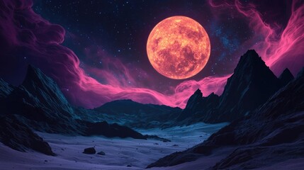Landscape of alien planet beneath mystical skies and surreal moon concept. Surreal landscape featuring a vibrant moon over purple mountains.