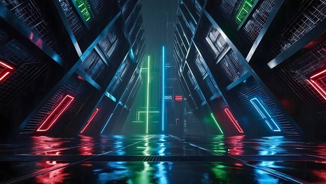 A futuristic and abstract view down a corridor illuminated with neon lights in red, green, and blue. - Powered by Adobe