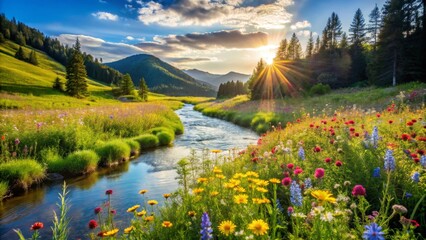 Obraz premium Serene Mountain Landscape with Flowing River and Wildflowers