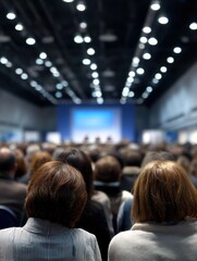 Naklejka premium Business professionals actively participate in a panel discussion at a large conference - leadership expertise communication