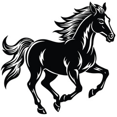 Black Horse Galloping Silhouette. Stylized Running Stallion on White Background