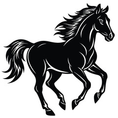 Running Black Horse Silhouette with Mane, Tail, and Dynamic Poses on White Background