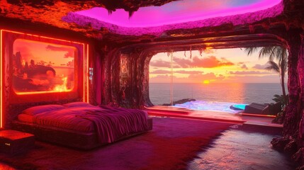 A vibrant, futuristic bedroom overlooking a sunset ocean.