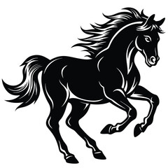 Prancing Black Horse Silhouette, Equestrian Symbol, Wild Mustang, Strong, Dynamic Pose