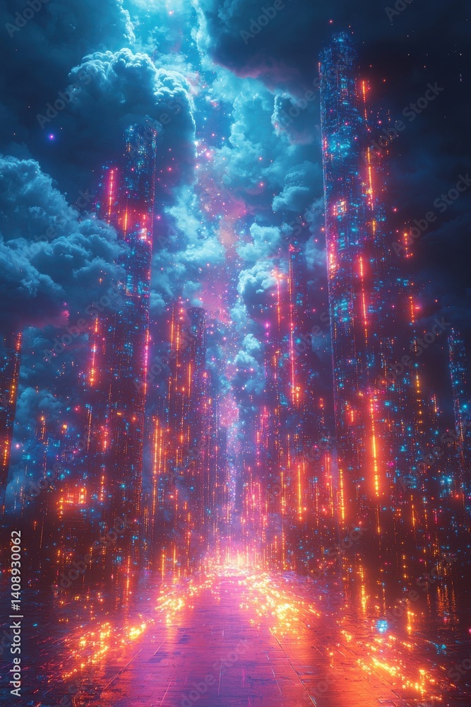 Poster digital landscape featuring glowing streams of data and luminous technological elements