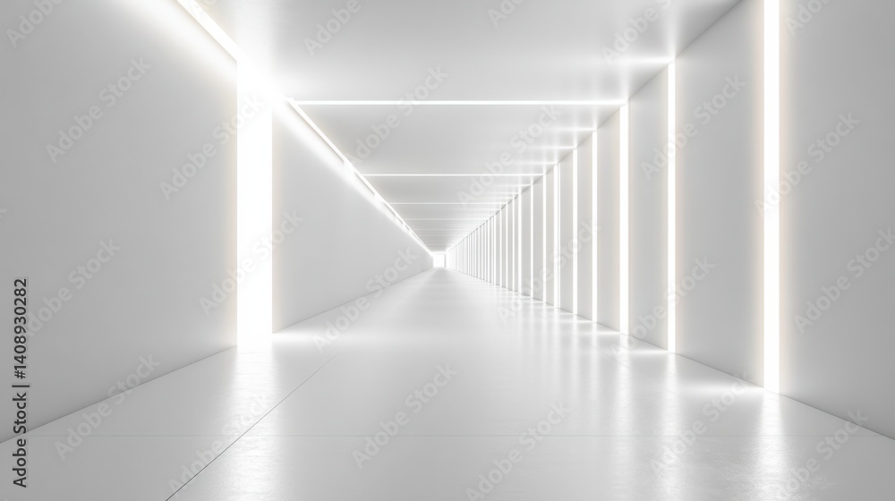 Poster a monochromatic long corridor, completely empty, with smooth walls and a single color light source