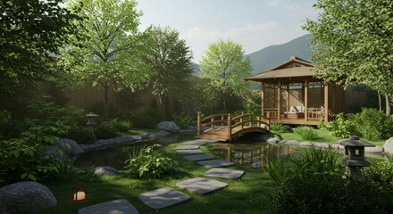 Tranquil Japanese Garden Serenity: Wooden Pavilion, Pond, and Stone Path