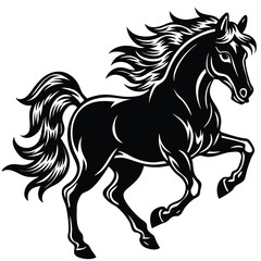 Black Stallion Silhouette Rearing Horse, Strong Mane, Elegant Hooves, Simple Outline