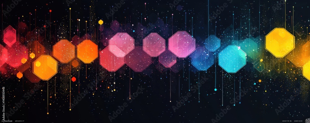Poster abstract colorful hexagonal design with vibrant gradient hues on dark background