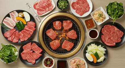 Yakitori feast: A delightful spread of grilled meats, fresh vegetables, and savory sauces, perfect for a culinary adventure.