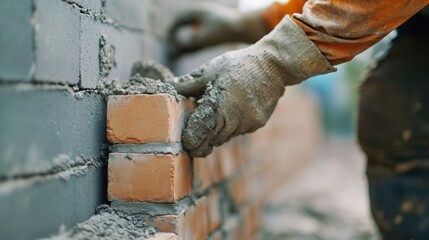 A construction worker placing bricks in a masonry project. Featuring craftsmanship and manual labor