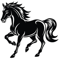 Elegant Black Stallion Prancing Freely with Flowing Mane and Tail in Silhouette Style