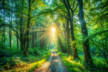 Fototapeta premium Sunlit Path Through Green Forest