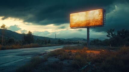 Abandoned Roadside Billboard with Dramatic Sky and Surrounding Landscape