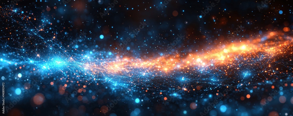 Poster abstract background with glowing blue lights and shimmering bokeh effect