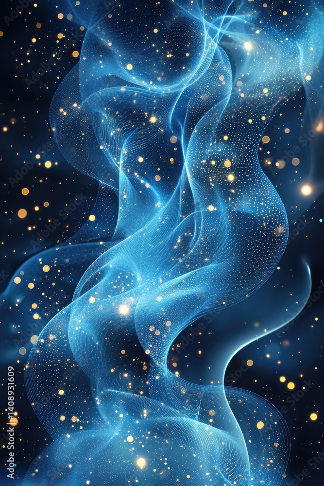 Poster abstract glowing waves and shimmering particles on a dark background