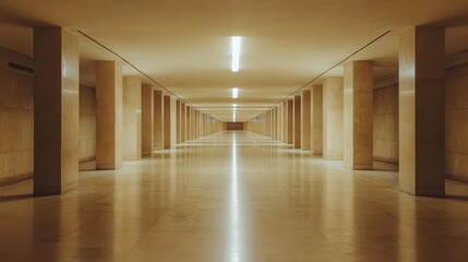 A quiet, uninhabited long corridor with smooth surfaces in a single, soft hue