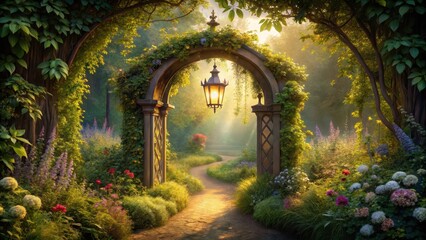 Fototapeta premium Enchanted Garden Path Leading to a Sunlit Archway with a Hanging Lantern