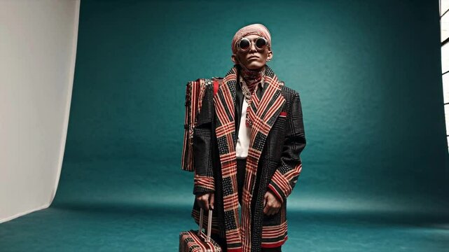 Stylish mature man in ethnic outfit with suitcase in photo studio