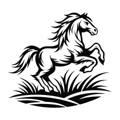 Rearing Horse Silhouette, Black Stallion on Hind Legs, Mane Flowing, White Background