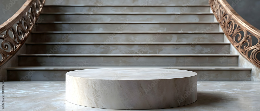Poster elegant marble staircase with round display platform
