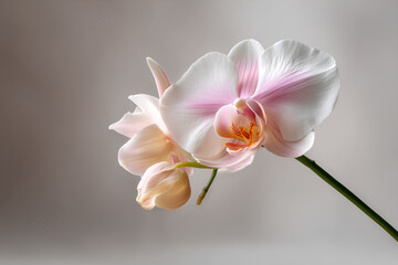 Naklejka premium Single orchid flower with white and blush gradient petals centered in minimalist vertical studio frame on off white background with soft diffused lighting 