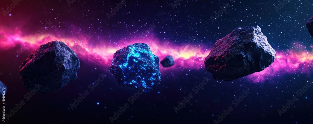 Poster landscape of alien planet among galaxy and mystical atmosphere concept. vivid view of asteroids floa