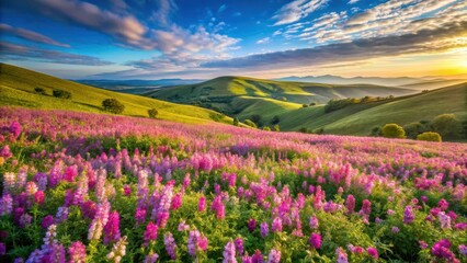 Fototapeta premium Serene Sunset over Rolling Hills Adorned with a Vibrant Wildflower Meadow