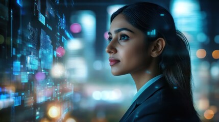A professional woman analyzing digital data on a futuristic screen, symbolizing innovation and tech-driven solutions.