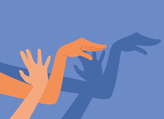 Hands Doing Swan Like Shadow Puppet Vector illustration. Person tells a story using the shadow theater technique on the wall 
