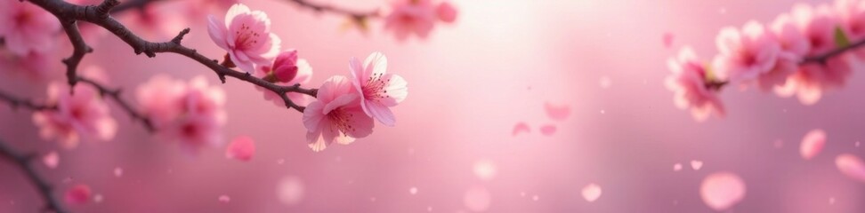 Gentle sakura petals drifting on soft pink hues amidst blurred spring scenery, conveying serenity and new beginnings , spring, seasonal, sakura