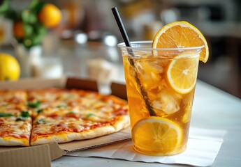 Refreshing beverage with lemon slices in a clear cup beside a delicious pizza, perfect for gatherings and casual dining experiences with friends