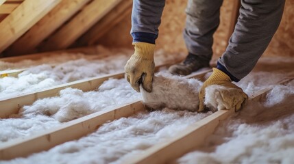 A construction worker placing insulation in the attic. Featuring skill and attention to detail