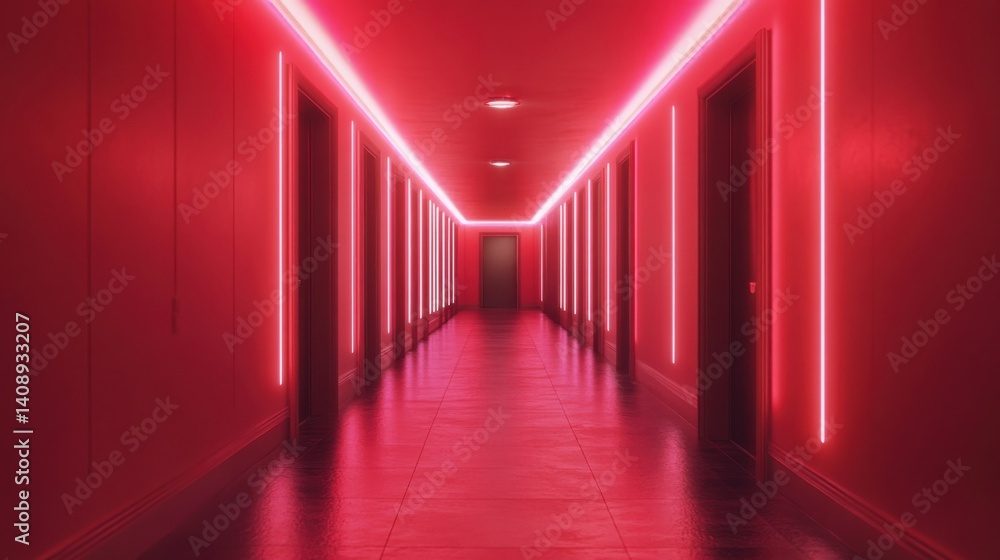 Poster a vast, empty corridor with sleek walls, a single color of ambient light illuminating the entire spa