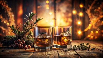 Whiskey Glasses with Ice on Wooden Table