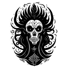 Skull Witch, Black and White, Graphic Illustration