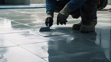 Fototapeta premium A construction worker preparing a floor for tiling by cleaning the surface at a job site. Featuring attention to detail and preparation