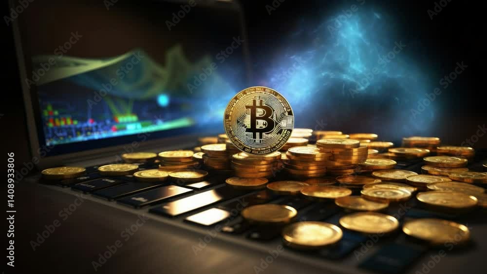 Poster bitcoin’s digital oasis: a striking visualization of digital currency, with bitcoin atop a pile of g