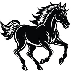 Black Horse Galloping Silhouette, Strong Wild Stallion, Powerful Animal, Monochrome