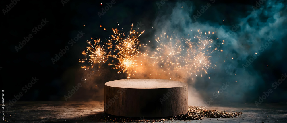 Poster empty round display podium with sparkling fireworks