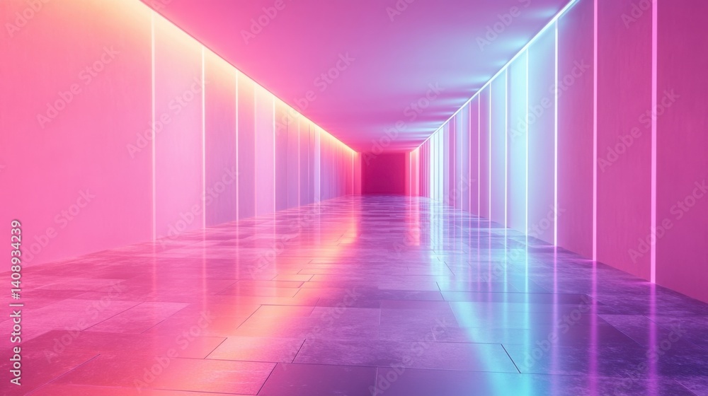 Poster an empty, endless corridor with monochrome walls and flooring, lit by a single source of color