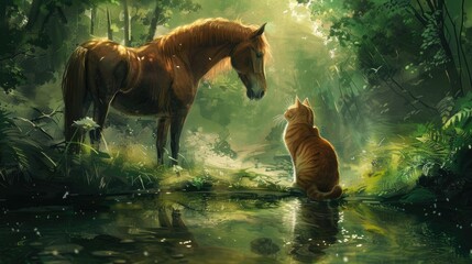 Naklejka premium a chestnut horse and a ginger cat in a world of magic, forest, green, fantasy 